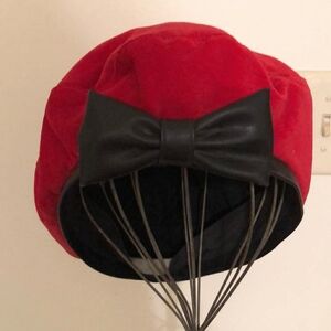 Vintage LA Girl Red Velveteen Beret with Black Bow